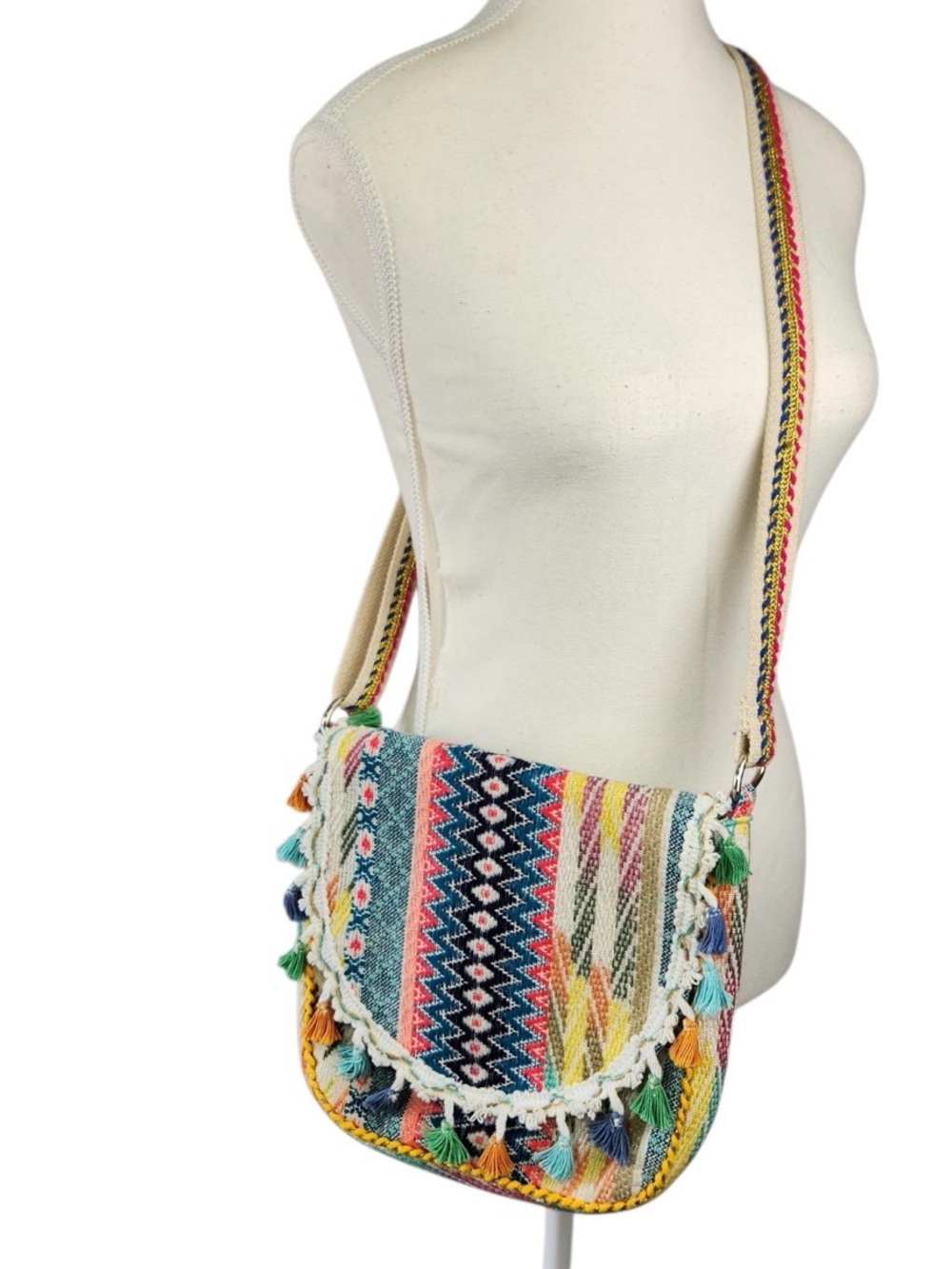 Katydid Boho Canvas Crossbody Bag  MultiColor Tassel Fringe Hippie Festival Knit